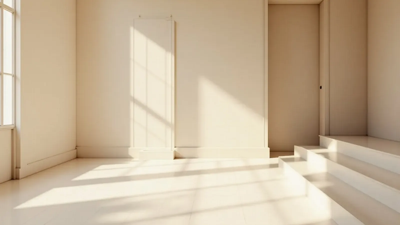 Lichte kamer in zand en kalk met een brede eiken PVC vloer en laag zonlicht (impressie)