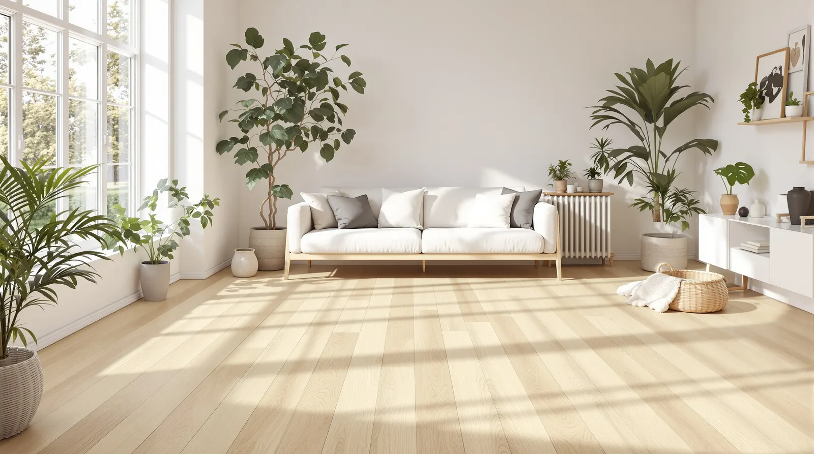 PVC Vloer Houtlook - Scandinavisch Interieur PVC vloer houtlook in Scandinavische woonkamer Amsterdam Rotterdam Utrecht - lichte eiken tonen met natuurlijk daglicht