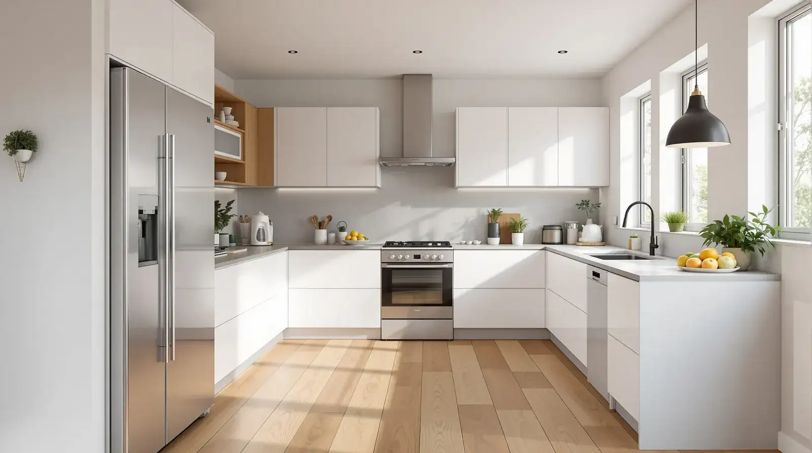Waterbestendige PVC vloer keuken Amsterdam Premium waterbestendige PVC houtlook vloer in moderne minimalistische keuken Amsterdam met witte kasten, roestvrijstalen apparaten, natuurlijk daglicht, clean functioneel design, warme eiken tinten, eigentijds interieur, gezinsvriendelijke kookruimte