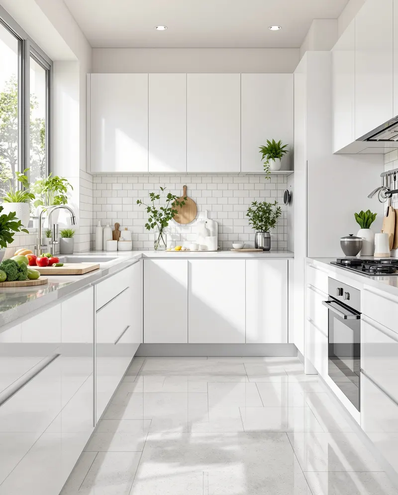 Hygiënische PVC vloer keuken Rotterdam Smetteloos schone moderne keuken Rotterdam met hygiënische PVC vloer, voedselbereiding gebied, snijplank met verse groenten, schone werkbladen, helder natuurlijk licht, georganiseerde kookruimte, gezinsvriendelijke omgeving, eigentijds design