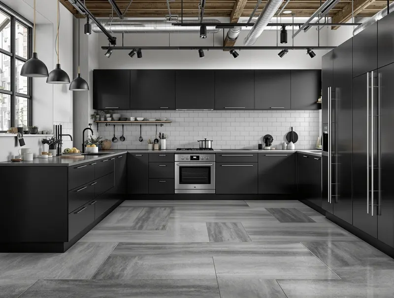 Industriële betonlook PVC vloer keuken Rotterdam Moderne industriële keuken Rotterdam met betonlook PVC vloer, donkergrijze tinten, zwarte kasten, roestvrijstalen apparaten, minimalistisch design, urban loft stijl, eigentijds interieur, professionele kookruimte