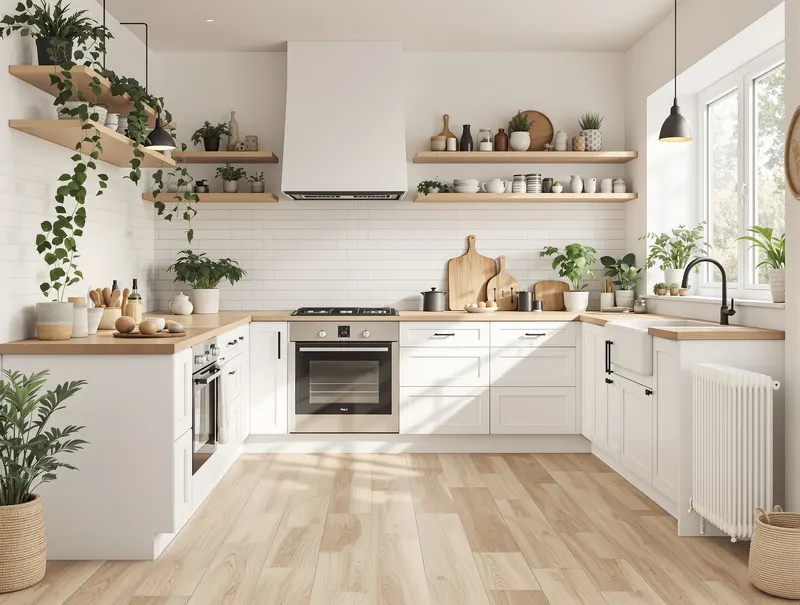 Scandinavische PVC vloer keuken Utrecht Warme Scandinavische keuken Utrecht met lichte eiken PVC houtlook vloer, witte kasten, houten werkbladen, natuurlijke materialen, gezellige sfeer, planten, natuurlijk daglicht, minimalistisch design, gezinsvriendelijke kookruimte
