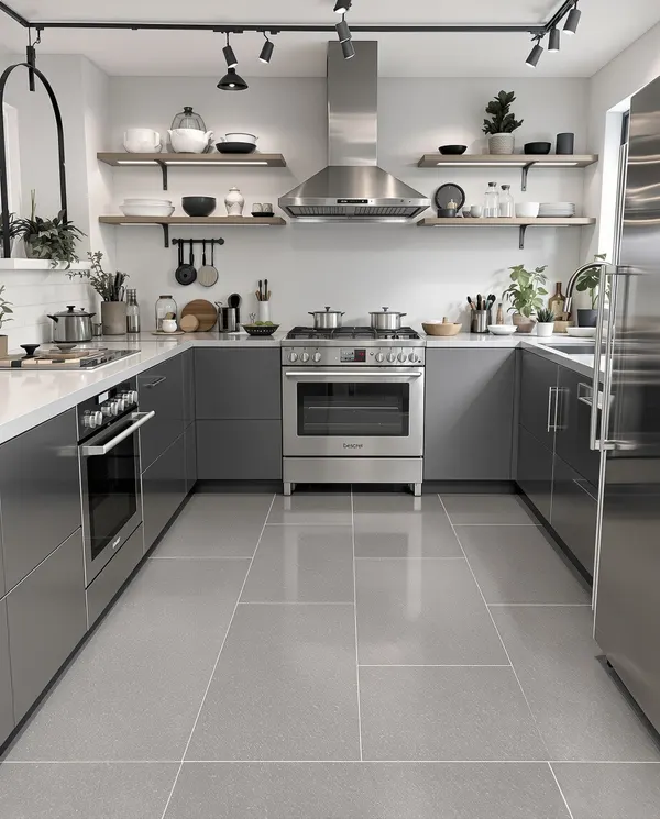 Moderne keuken leisteen PVC vloer roestvrijstalen apparaten waterdicht praktisch elegant Rotterdam