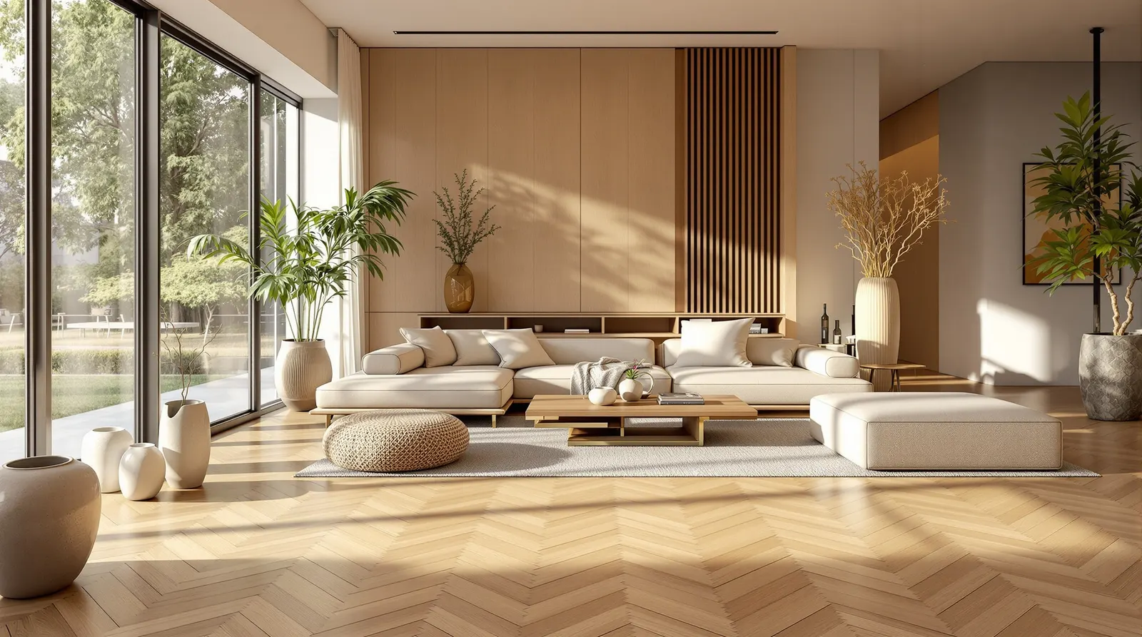 Visgraat PVC Vloer - Japandi Interieur Visgraat PVC vloer in Japandi woonkamer Amsterdam Rotterdam Utrecht - herringbone patroon in lichte eiken tonen