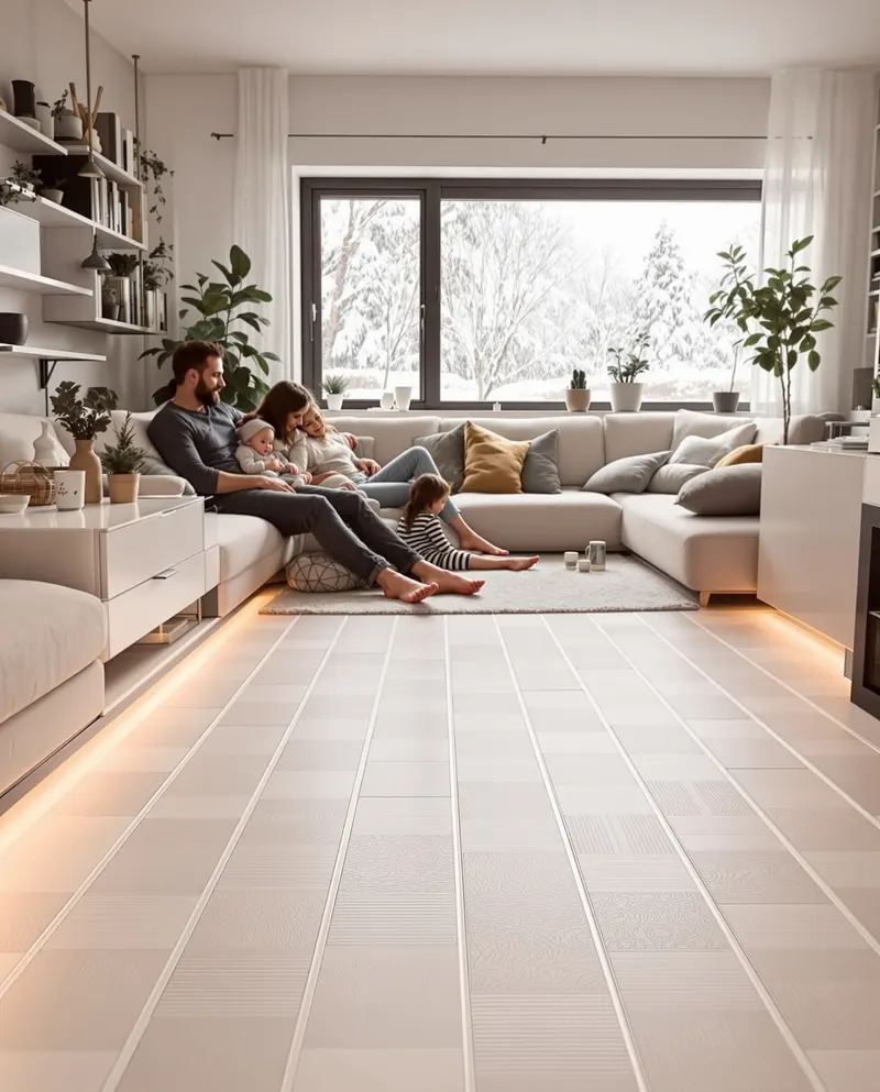 Comfortabele PVC vloer met vloerverwarming Rotterdam Comfortabele moderne woonkamer Rotterdam met PVC vloer en vloerverwarming, gezellige sfeer, gezin ontspannend blootsvoets op warme vloer, winterscene met sneeuw buiten raam, kamerplanten, zachte verlichting, hygge interieur design