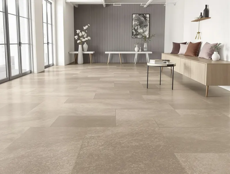 Betonlook PVC vloer woonkamer Amsterdam Industriële moderne woonkamer Amsterdam met betonlook PVC vloer, grijze tinten, minimalistisch meubilair, urban loft stijl, bakstenen muur, metalen accenten, eigentijds design, open ruimte concept