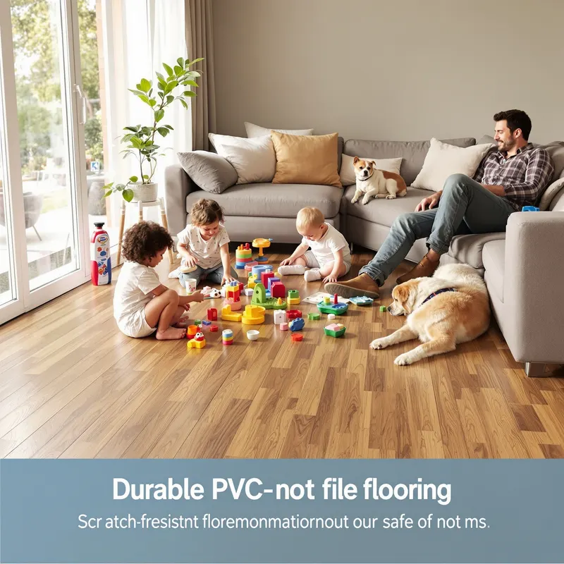 Gezinsvriendelijke PVC vloer woonkamer Amsterdam Gezinswoonkamer Amsterdam met duurzame PVC houtlook vloer, kinderen spelend met speelgoed op vloer, huisdier hond comfortabel liggend, ouders ontspannend op bank, natuurlijk daglicht, warme gezellige sfeer, krasbestendige vloer, gezinsvriendelijk interieur